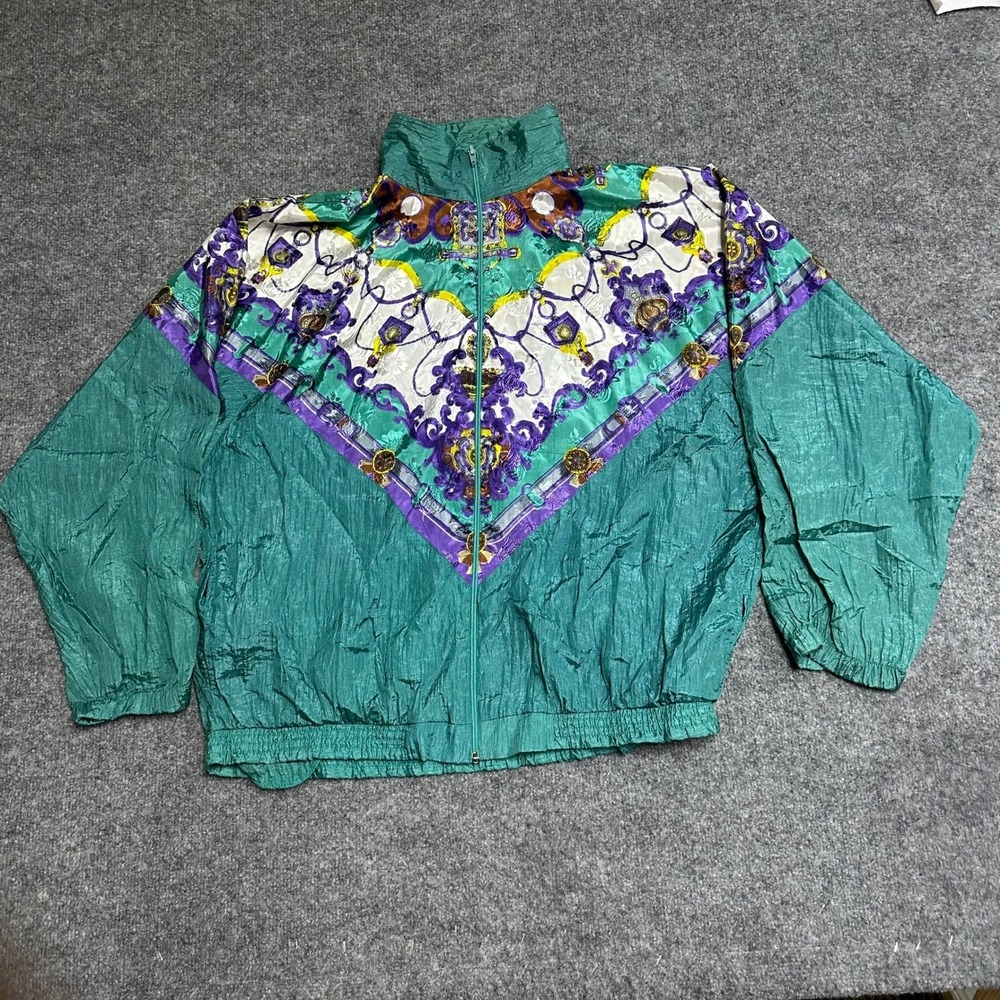 After All Woman Jacket Womens Size 20W Teal Green Baroque Pattern Vintage Nylon